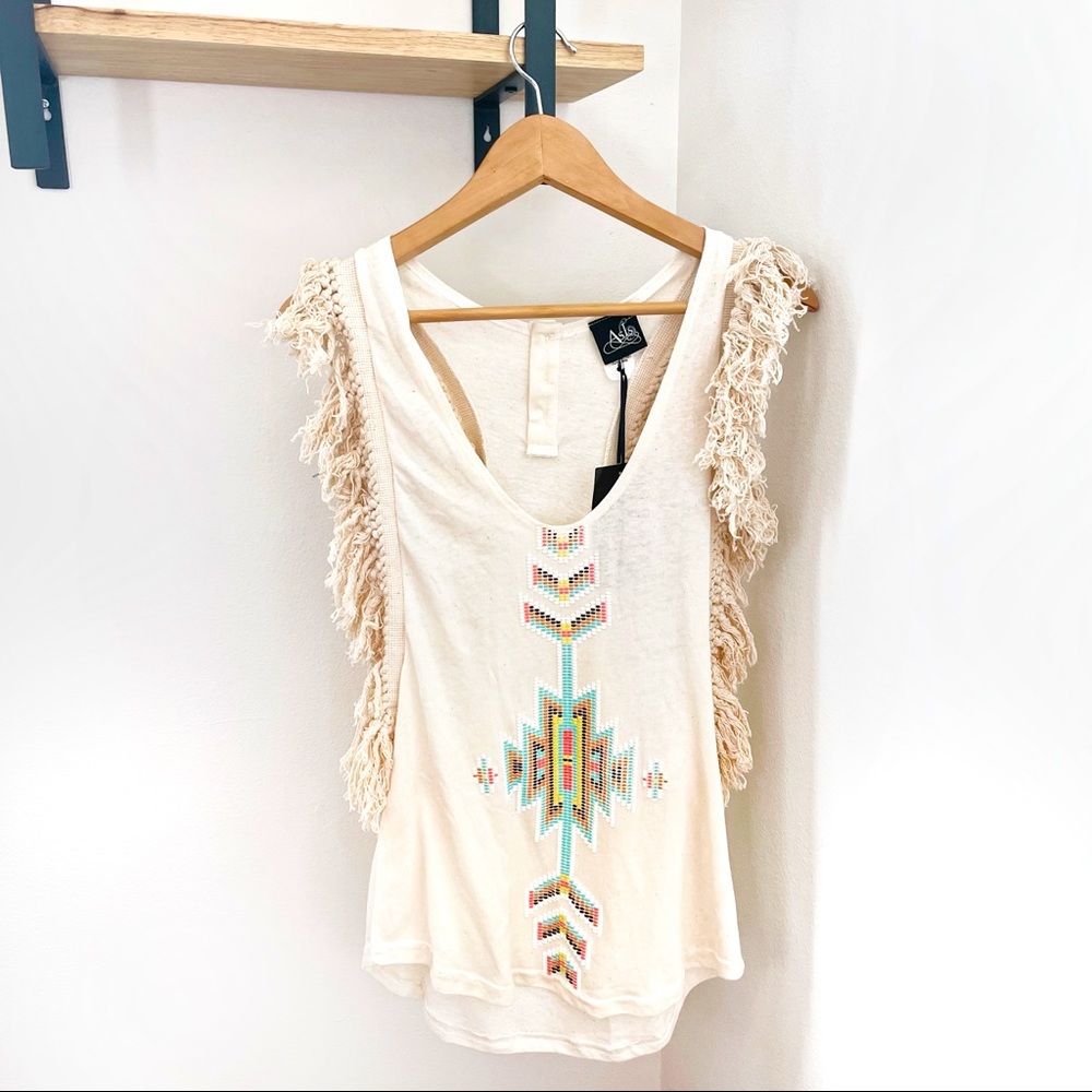 Navajo Boho Fringe Racer Top Sleevless Open Racerback - Picture 2 of 11